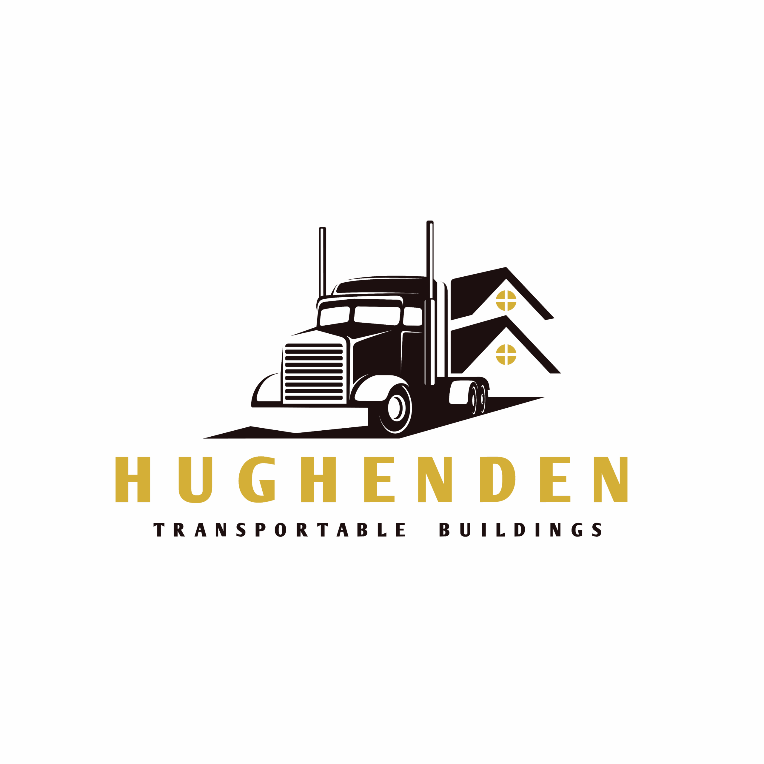 Logo for Hughenden Transportable Buildings featuring a stylized truck in dark brown, merged with a house showing windows. The company name and tagline are written in bold yellow-gold text below the graphic.